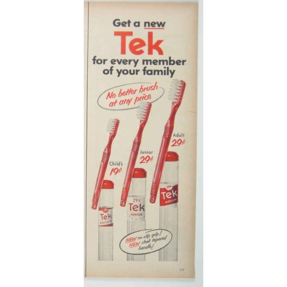 Vintage Tek Red Toothbrushes Childs Junior Adult Sizes Print AD 1950 MOD